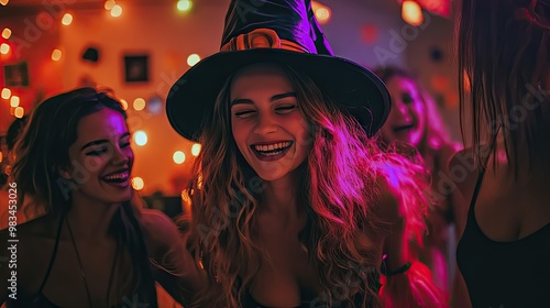 Grupo de amigos celebrando una fiesta de Halloween en casa, bailando, mujer con sombrero de bruja, disfraz rosa

 photo