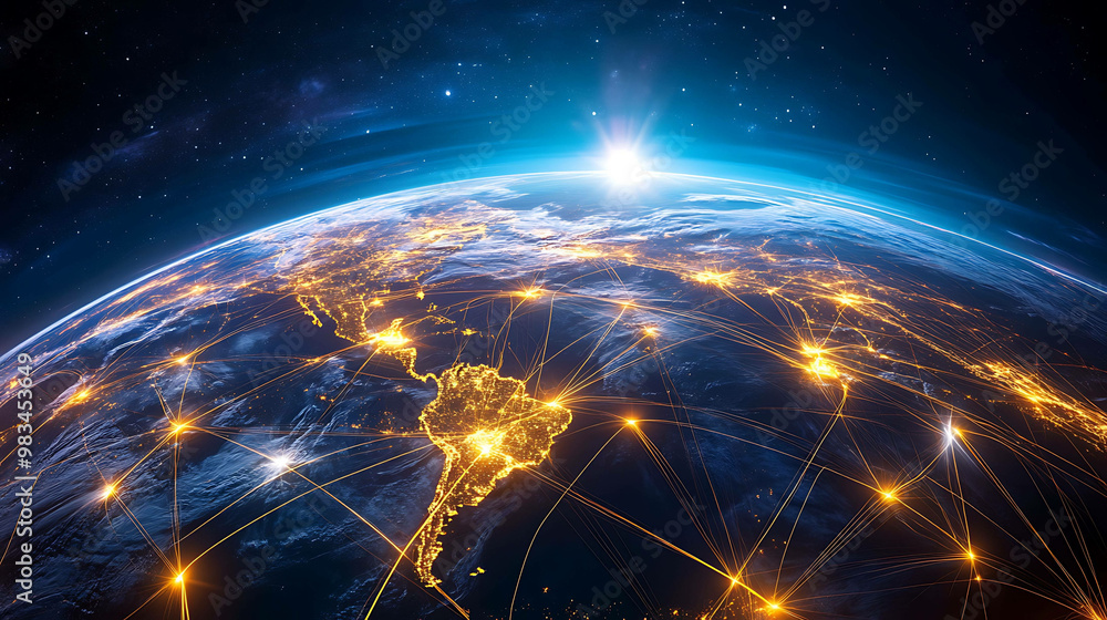 A satellite view of Earth with glowing lines connecting cities across continents, symbolizing global connection. A satellite view of Earth with glowing lines connecting cities across continents, symbolizing global connection.