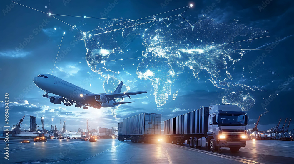 A plane taking off and a truck driving on a highway with a glowing world map in the background. A plane taking off and a truck driving on a highway with a glowing world map in the background.