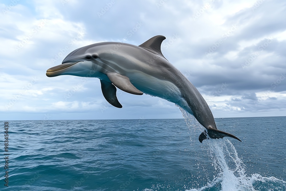 Grey dolphin, leaping gracefully out of the ocean under a cloudy sky Grey dolphin, leaping gracefully out of the ocean under a cloudy sky