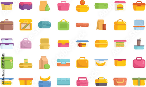 This vector illustration features a variety of lunch boxes, perfect for illustrating healthy eating habits or back to school concepts