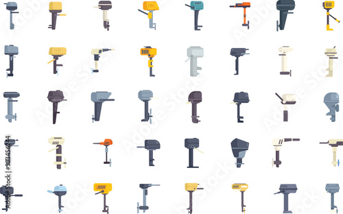Variety of outboard motors are displayed, showcasing different sizes, colors, and designs for various watercraft