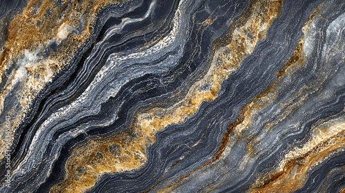 Abstract marble background with blue, gold and white veins.