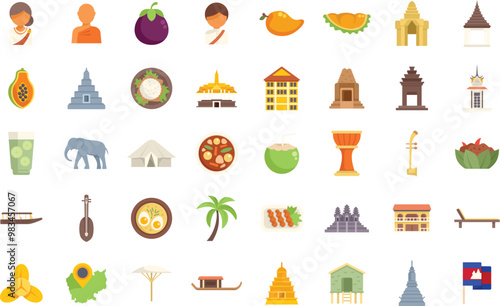Discover cambodia with this vibrant set of icons representing its rich culture, from delicious cuisine and ancient temples to traditional music and the warmth of its people
