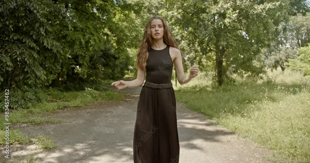 Teenager girl with long hair dances modern dance in a forest park. She is wearing a black dress and is enjoying the summer weather. Teenager girl with long hair dances modern dance in a forest park. She is wearing a black dress and is enjoying the summer weather.