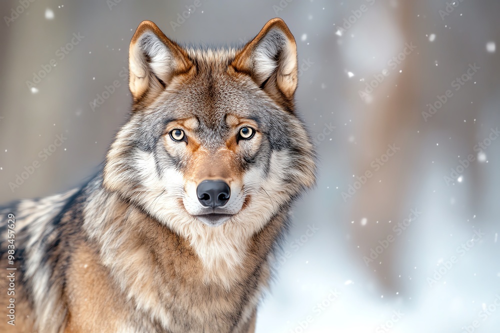 Grey wolf standing majestically against a snowy backdrop, eyes piercing through the mist Grey wolf standing majestically against a snowy backdrop, eyes piercing through the mist