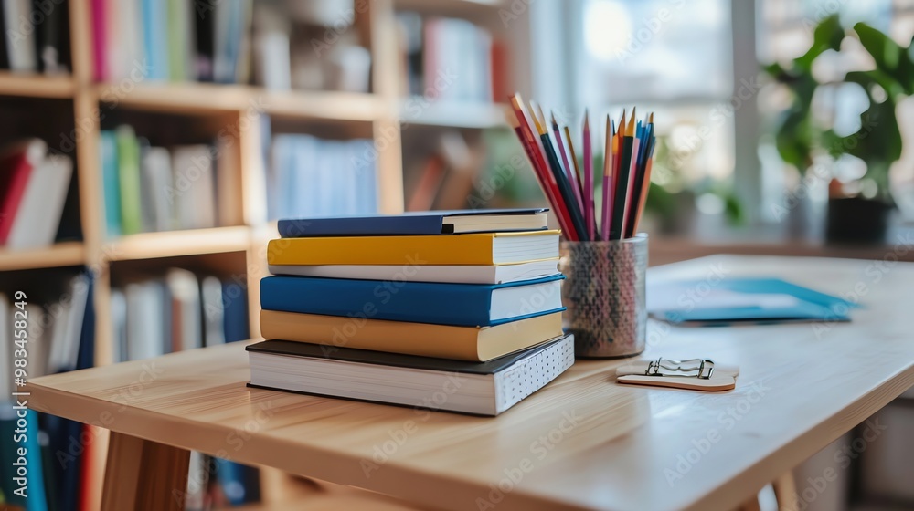 A stack of books, a pencil holder, and a wooden clip on a wooden desk. A stack of books, a pencil holder, and a wooden clip on a wooden desk.
