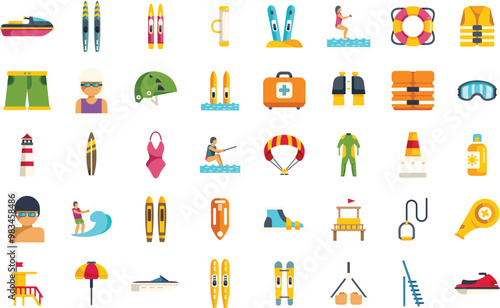 This set features icons of people enjoying water sports, summer activities, and safety equipment