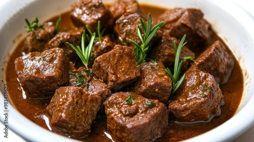 In this image, carbonnade flamande is presented on a white background, highlighting its textures and presentation. photo