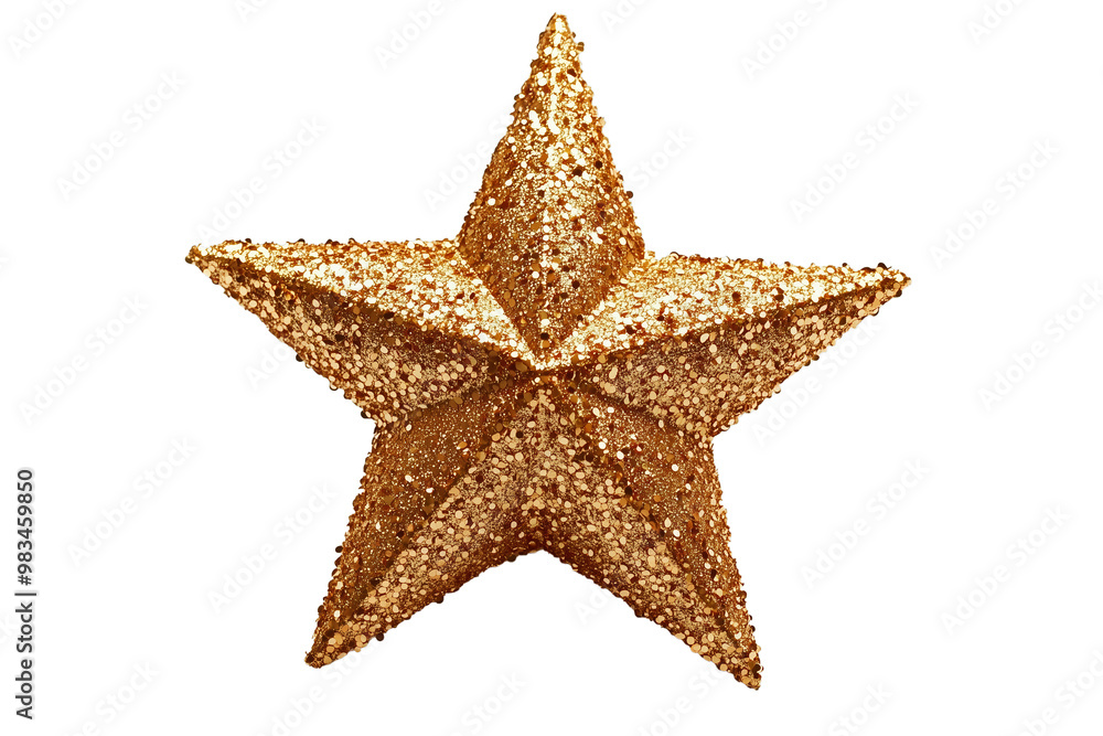A close-up of a golden glittery star ornament, perfect for Christmas or holiday decorations. PNG die cute isolated on white background. A close-up of a golden glittery star ornament, perfect for Christmas or holiday decorations. PNG die cute isolated on white background.