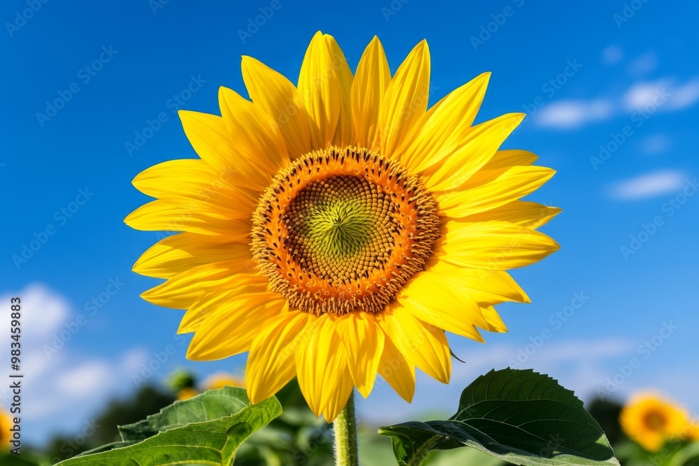 A cheerful yellow sunflower in full bloom, radiating energy and joy against a blue sky A cheerful yellow sunflower in full bloom, radiating energy and joy against a blue sky