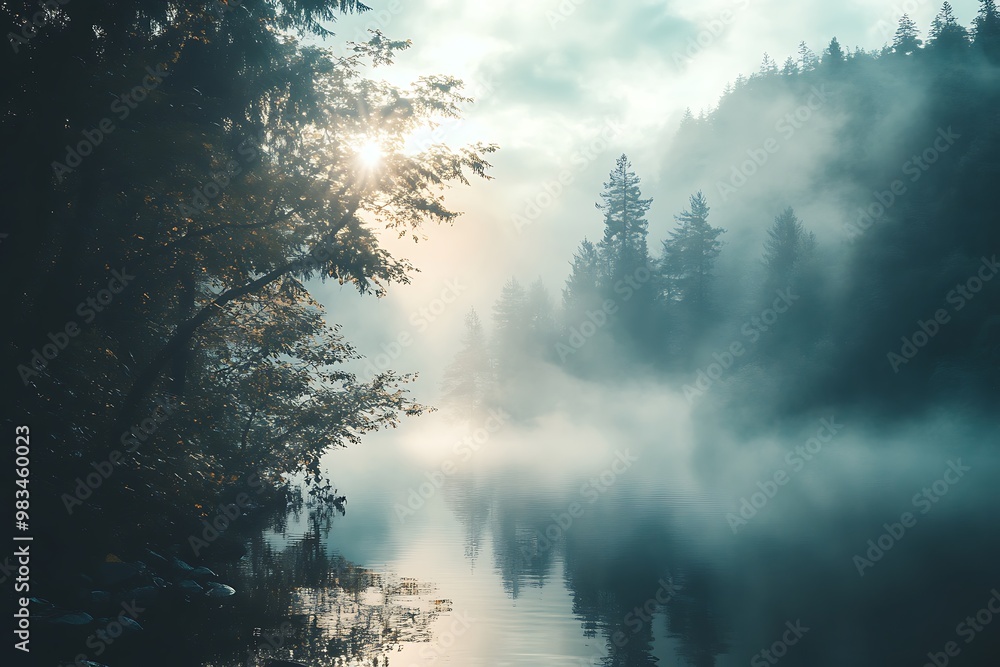 Misty Morning Forest Lake with Sun Shining Through Fog Misty Morning Forest Lake with Sun Shining Through Fog