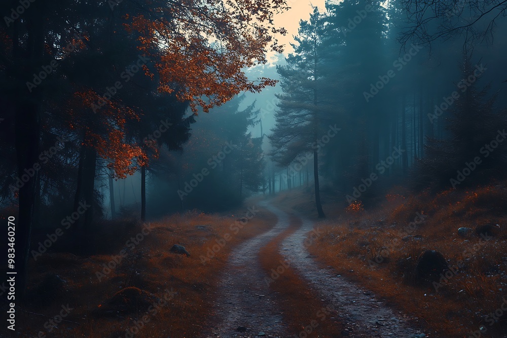 Fototapeta premium Mysterious foggy forest path with sunbeams shining through the trees