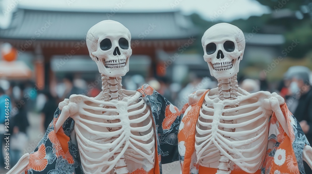 Fototapeta premium Skeletons dressed in yukatas dancing at a Halloween-themed Obon festival selective focus - A spooky celebration of both cultures - surreal - Fusion - Festival square backdrop