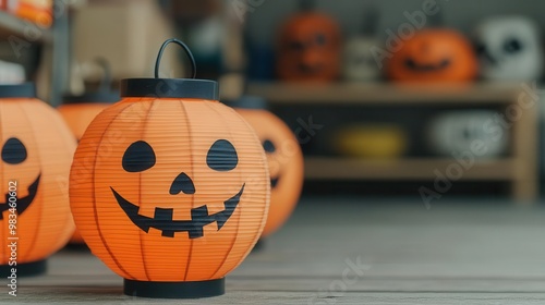 Traditional Japanese lanterns with spooky Halloween faces carved into them focus on - Fusion of ancestral light and eerie fun - surreal - Blend mode - Lantern shop backdrop