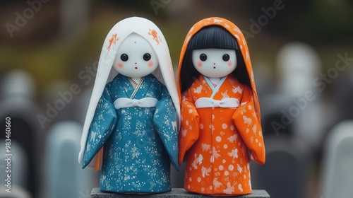 Traditional Japanese spirits from Obon folklore mingling with Halloween ghosts in a cemetery close up - A meeting of the supernatural across cultures - ethereal - Multilayer - Ceme photo