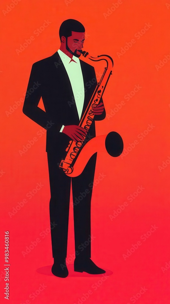 Fototapeta premium Artistic jazz band, performing saxophone on stage, vector illustration