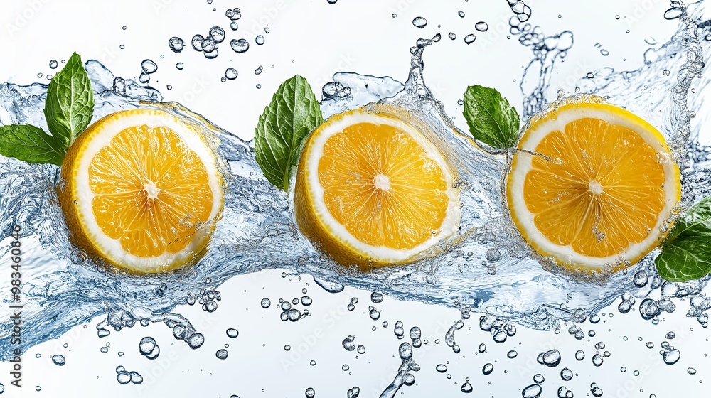 Lemon fruit slice, mint leaves and water splash on a white white background Lemon fruit slice, mint leaves and water splash on a white white background