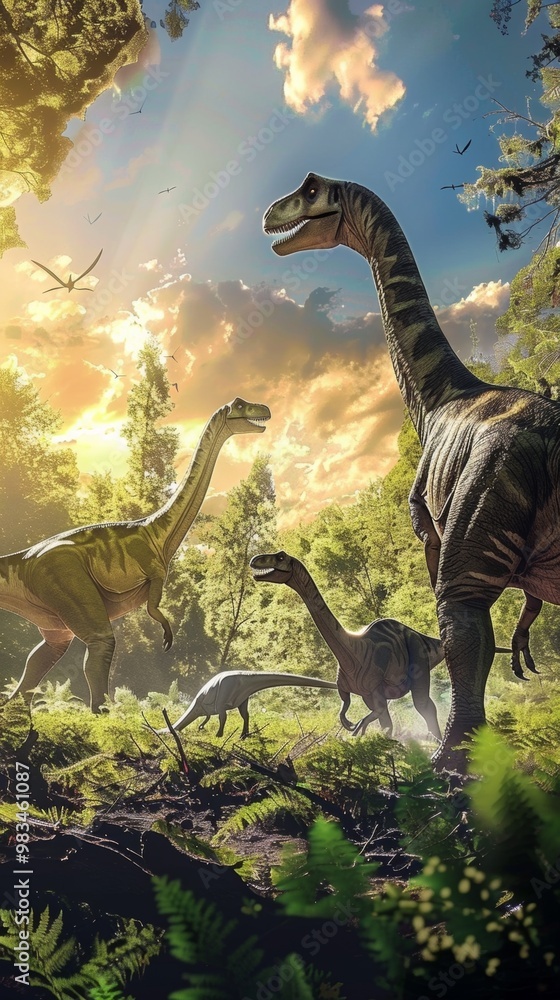 Fototapeta premium Jurassic Dinosaurs in Dramatic Sunset Landscape