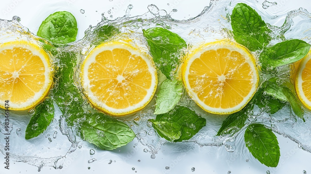 Lemon fruit slice, mint leaves and water splash on a white white background Lemon fruit slice, mint leaves and water splash on a white white background