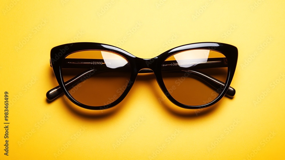 Black cat eye sunglasses on a yellow background. Black cat eye sunglasses on a yellow background.