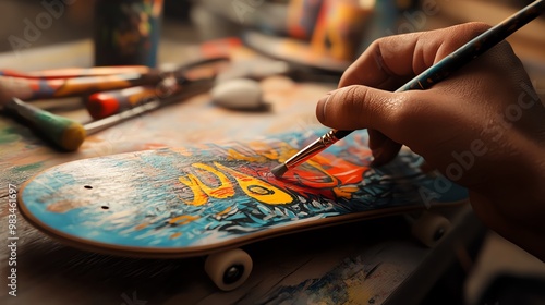 Close-up of a hand painting vibrant designs on a skateboard, showcasing creativity and artistic expression. photo