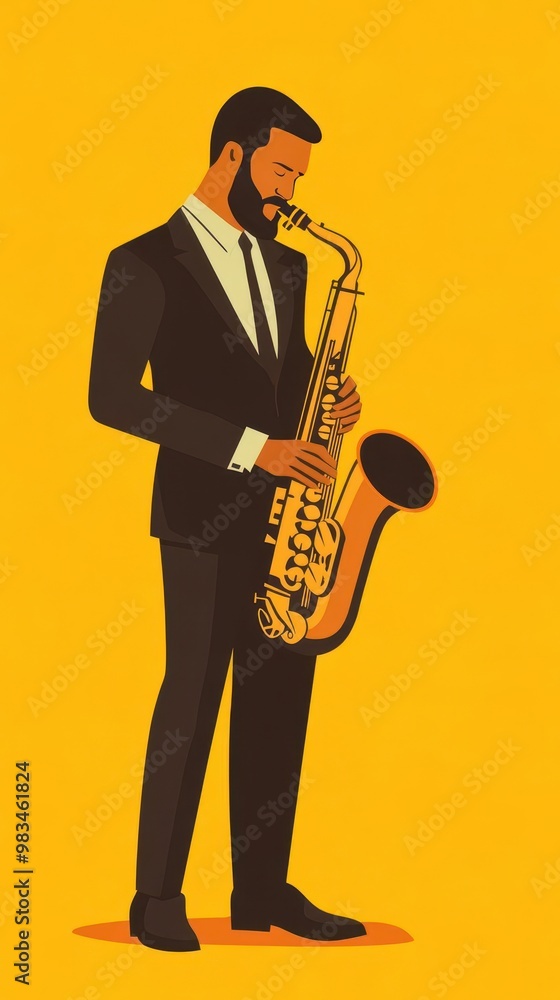 Naklejka premium Jazz band with saxophone solo, live performance on stage, vector art