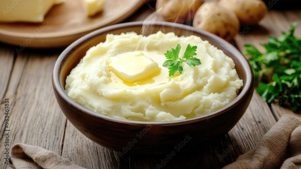 Zooming in on a Delicious Bowl of Mashed Potatoes with Melted Butter on a Wooden Table Zooming in on a Delicious Bowl of Mashed Potatoes with Melted Butter on a Wooden Table