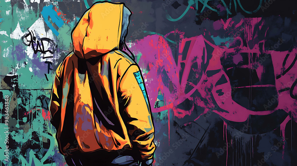 A person in a yellow hoodie stands in front of a graffiti wall. A person in a yellow hoodie stands in front of a graffiti wall.