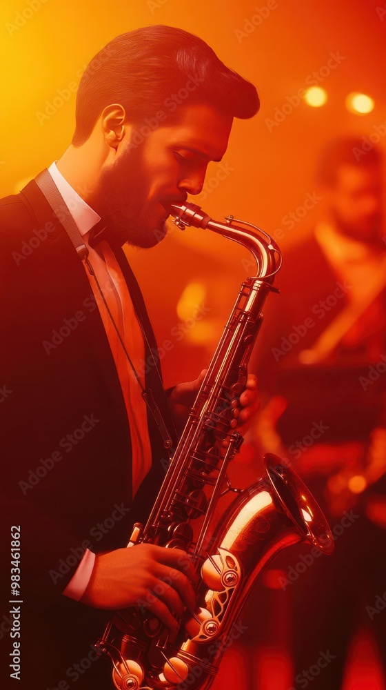 Fototapeta premium Jazz band with saxophone solo, live performance on stage, vector art