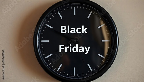 A close-up of a clock with the text Black Friday displayed on the face, against a dark teal background created with generative ai