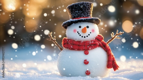 A cute and festive snowman with a carrot nose, wearing a black top hat and a red scarf, stands joyfully in the snowy outdoors