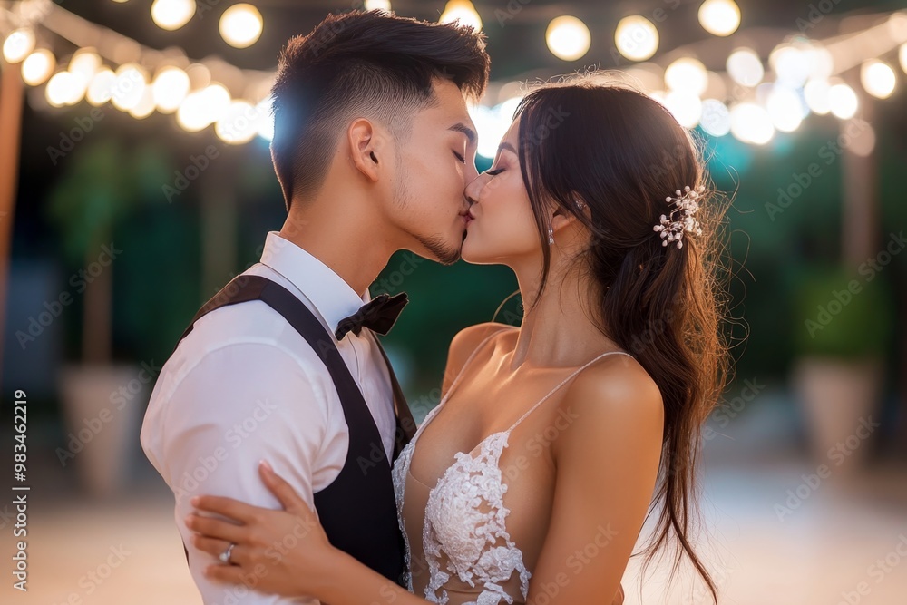 A couple sharing a sweet kiss, under a string of twinkling lights, in a romantic and intimate setting A couple sharing a sweet kiss, under a string of twinkling lights, in a romantic and intimate setting
