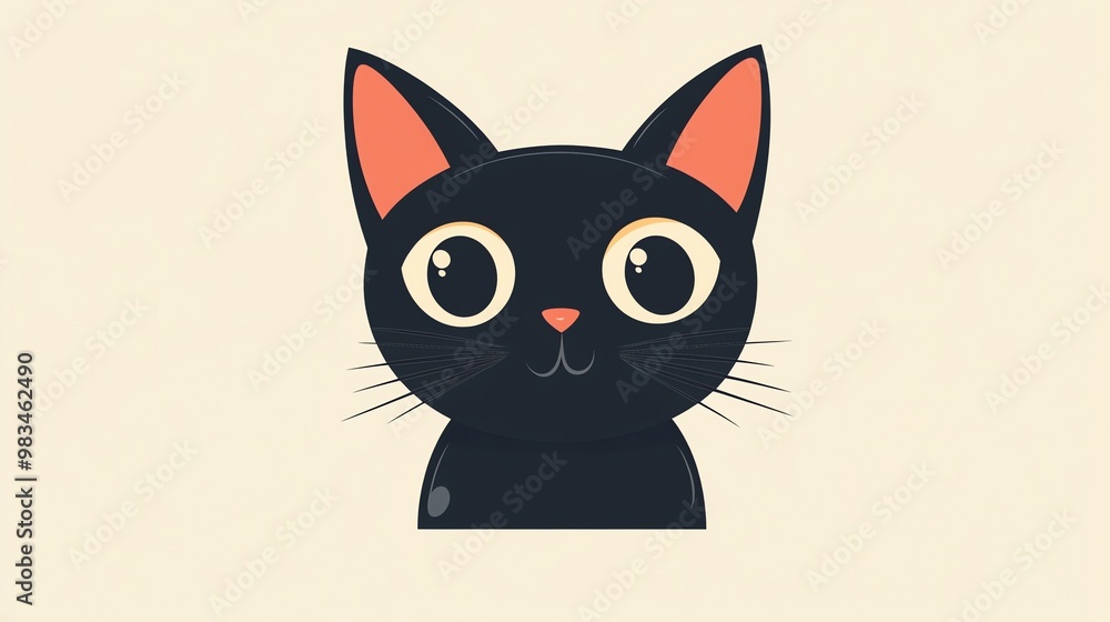 Obraz premium Cute cartoon black cat with big eyes and a pink nose.