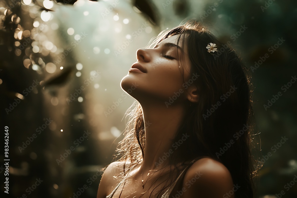 Peaceful Woman In Nature With Eyes Closed, Relaxation Concept Peaceful Woman In Nature With Eyes Closed, Relaxation Concept