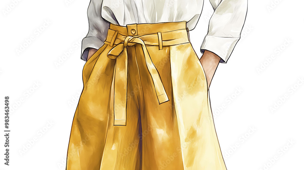 Close-up of a woman wearing yellow high-waisted pants with a white shirt. Close-up of a woman wearing yellow high-waisted pants with a white shirt.