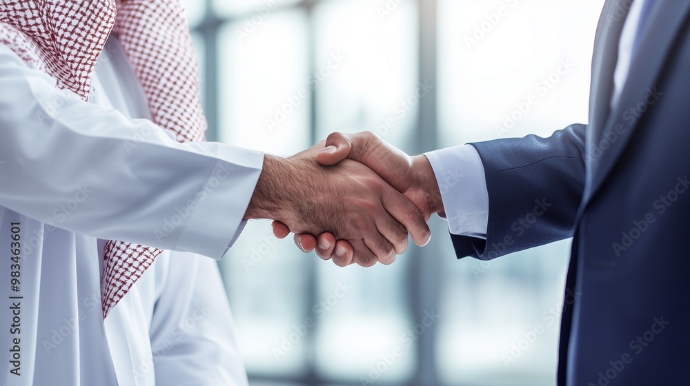 © TensorSpark - Arab and western businessmen shaking hands, symbolizing cross-cultural business agreement and arab investment. © TensorSpark - Arab and western businessmen shaking hands, symbolizing cross-cultural business agreement and arab investment.
