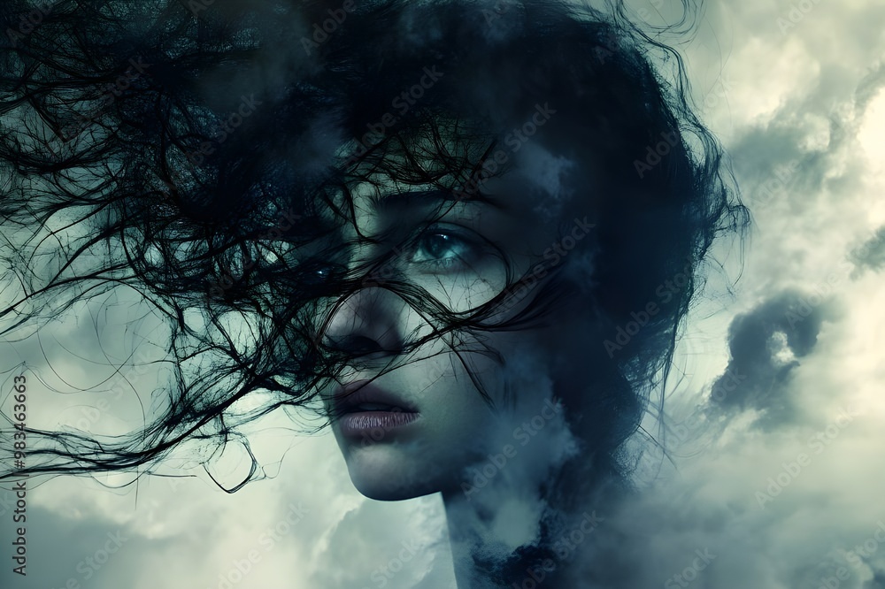 portrait of a woman with dark clouds, showing tension and worry portrait of a woman with dark clouds, showing tension and worry