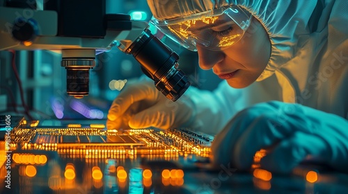 Close-up of a scientist in a cleanroom suit examining microchip semiconductor quality under a microscope. photo