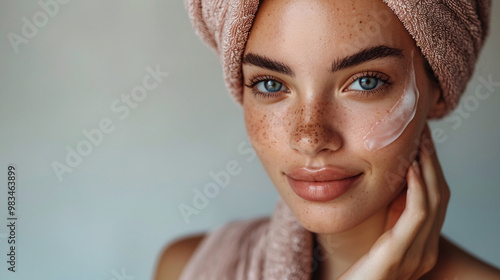 Beauty routine, beauty skin care, spa healthy skin, pampering regimen, hydrated skin, personal hygiene, moisturizing, facial cleansing routine, healthy body, self care, space for text.