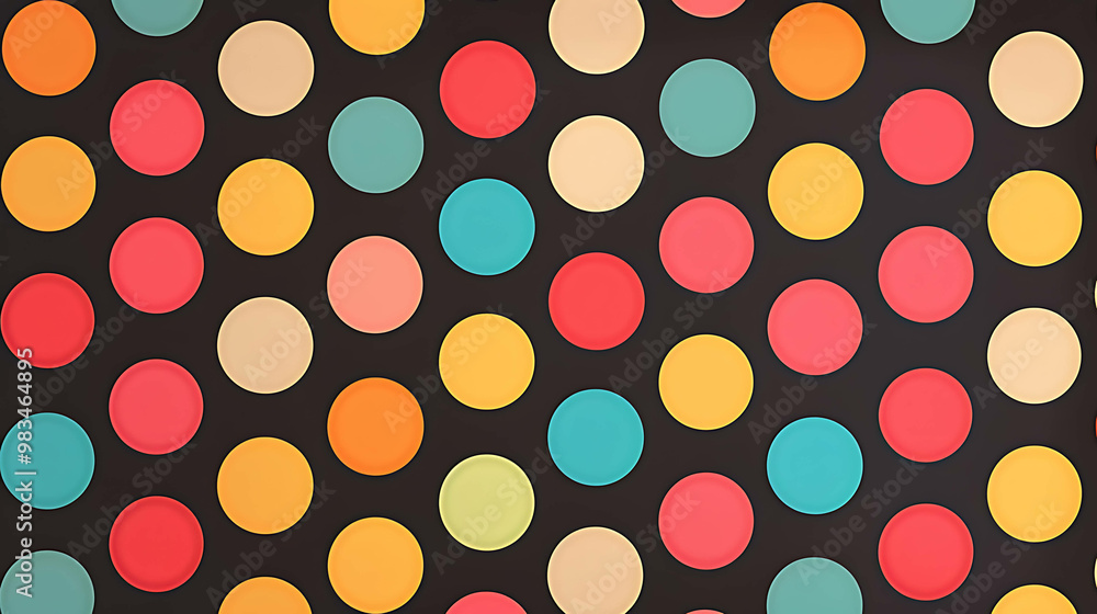 A colorful polka dot pattern on a black background. A colorful polka dot pattern on a black background.