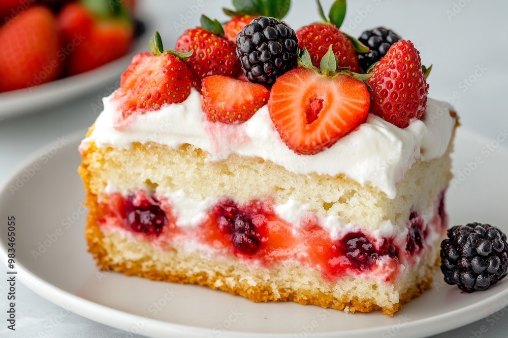 A slice of strawberry shortcake, topped with fresh cream and berries, looking irresistibly sweet A slice of strawberry shortcake, topped with fresh cream and berries, looking irresistibly sweet