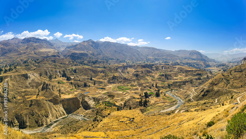 Panorama of Colca Canyon terraces dating to pre-Inca and pre-Columbian times from the Mirador Antahuilque viewpoint near Arequipa Peru
