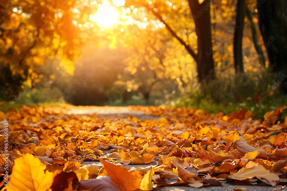 Autumn leaves on a path in a forest with sun shining through trees Autumn leaves on a path in a forest with sun shining through trees