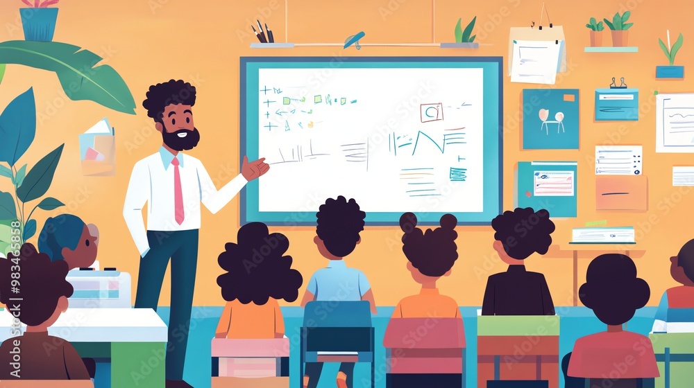 A teacher with a beard is standing in front of a whiteboard with some writing and drawings on it. He is pointing at the board while he explains something to a classroom of students. A teacher with a beard is standing in front of a whiteboard with some writing and drawings on it. He is pointing at the board while he explains something to a classroom of students.