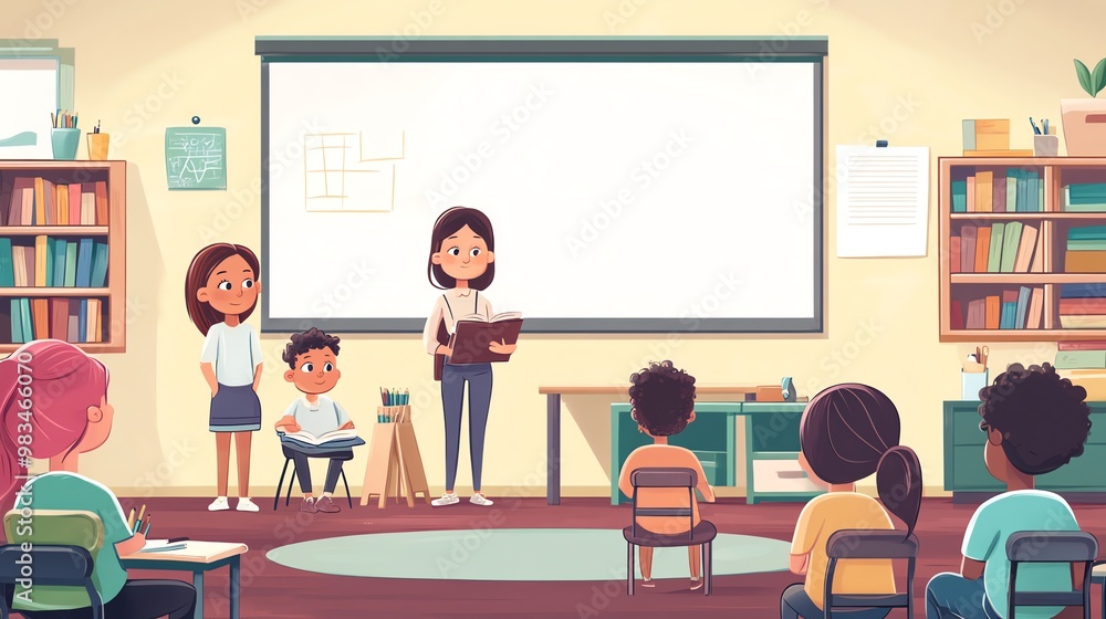 A cartoon illustration of a classroom with a teacher reading a book to students. A cartoon illustration of a classroom with a teacher reading a book to students.
