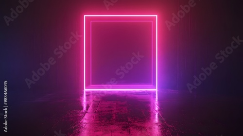 3d render, abstract geometric background with neon square frame glowing with gradient light in the dark. Futuristic showcase for product presentation