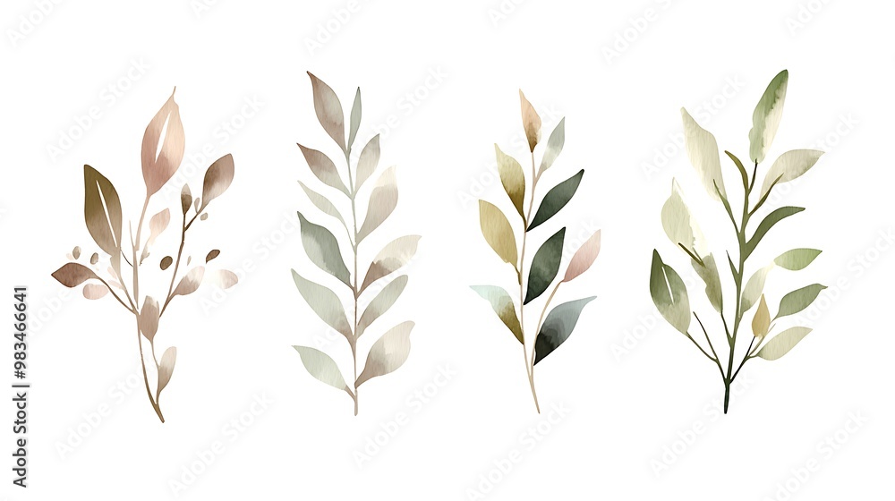 A collection of watercolor-style botanical illustrations featuring various leaves. A collection of watercolor-style botanical illustrations featuring various leaves.