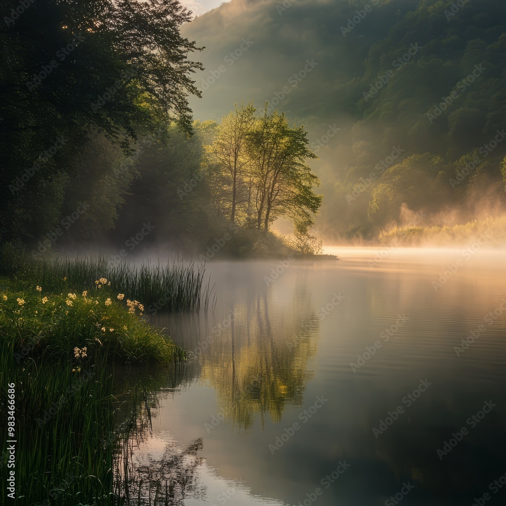 Fototapeta premium Serene Morning Landscape with Misty Lake and Green Reflections