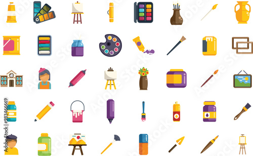 Diverse set of icons representing various artist painting tools and equipment for drawing and painting